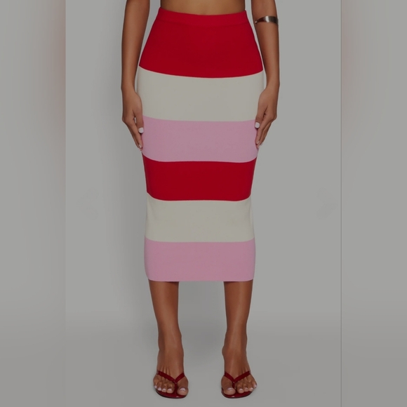 Timing Color Block Red, Pink, and Cream Striped Knit Midi Skirt Set - Picture 10 of 12